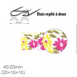 biais fantaisie motif fleurs roses et jaunes 20mm replie a 2  25m