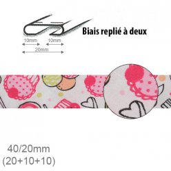 Biais fantaisie motif Cupcake rose 20mm replié à 2 - 25m
