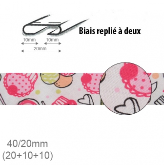 biais fantaisie motif cupcake rose 20mm replie a 2  25m