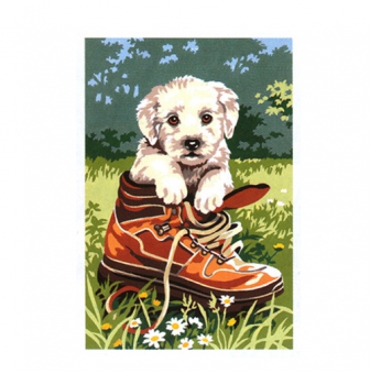 canevas antique petit chien dans chaussure  30x40cm