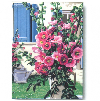 canevas antique le bouquet de roses tremieres  45x60cm
