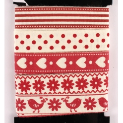 Rubans Noël coton rouge, beige 1m x 1,6 cm x 5 pcs