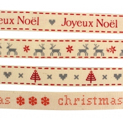 Rubans Noël coton rouge, beige 1m x 1,6 cm x 4 pcs